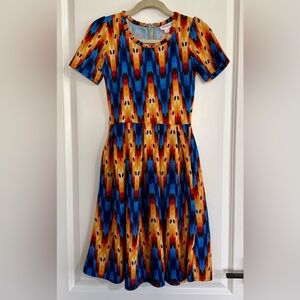 LuLaRoe Amelia Fit Flare Dress Blue Orange Geometric Pockets NWOT